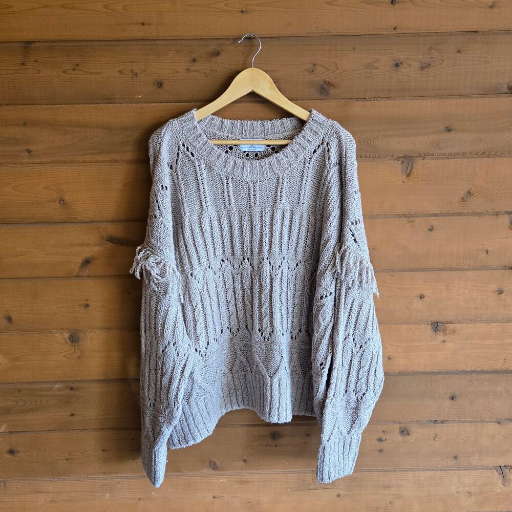Old Navy Textured Fringe Sweater Top NWT XXL Pullover Light Brown Heather Eyelet - Picture 2 of 5
